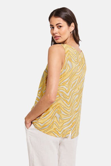 Top sans manches écru by STREET ONE, à motif zébré jaune et blanc, avec boutons au dos.