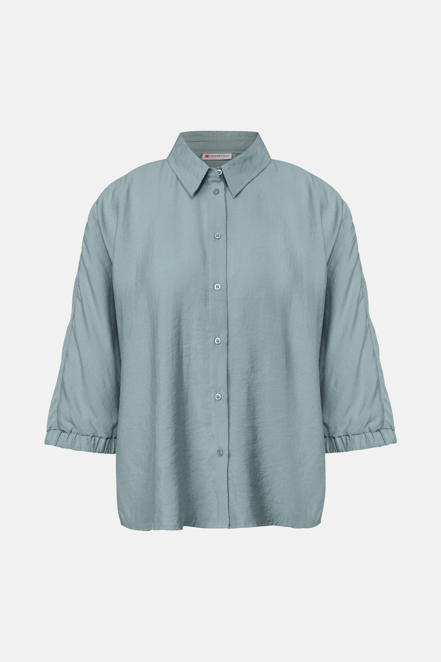 Blauwe blouse met driekwartmouwen van STREET ONE, met een licht gekreukte textuur en een losse pasvorm.