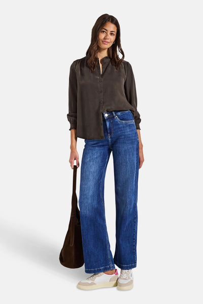 Bruine blouse met lange mouwen van STREET ONE, met knoopsluiting en elastische manchetten.