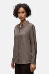 Bruine blouse met lange mouwen van Street One, met knoopsluiting en gestreepte details op de mouwen.