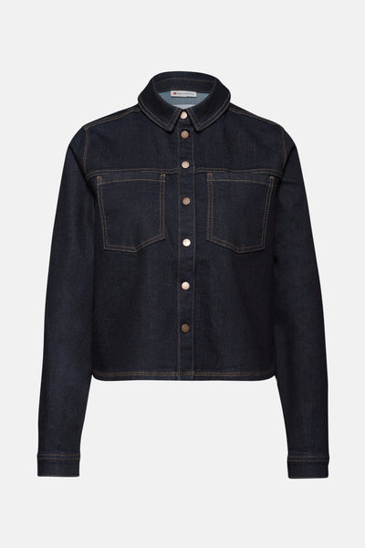 Donkerblauwe spijkerblouse van Street One met borstzakken en bronzen knopen.