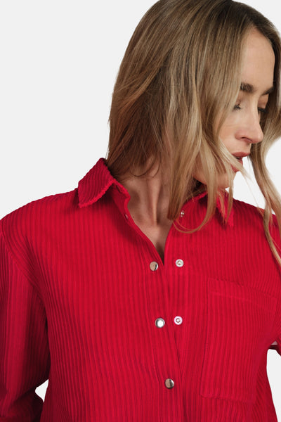 Rode blouse met lange mouwen van STREET ONE, van corduroy met zilveren drukknoppen en borstzak.