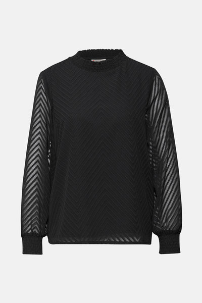 Chemisier à manches longues noir par STREET ONE, motif à chevrons texturé et manches transparentes.