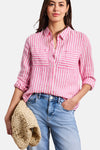 Roze blouse met lange mouwen van STREET ONE, roze en wit gestreept, met borstzakken en opgerolde mouwen.