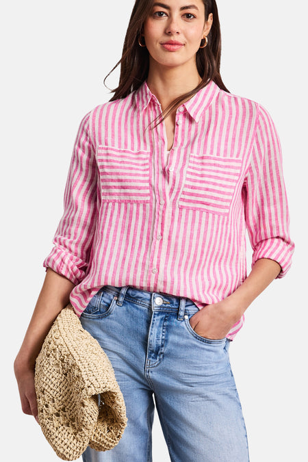 Chemise rose à manches longues de STREET ONE, rayée rose et blanc, avec poches poitrine et manches retroussées.