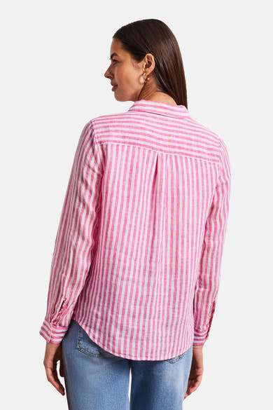 Roze en wit gestreept overhemd met lange mouwen van STREET ONE, van achteren gezien op een vrouw die een blauwe spijkerbroek draagt.