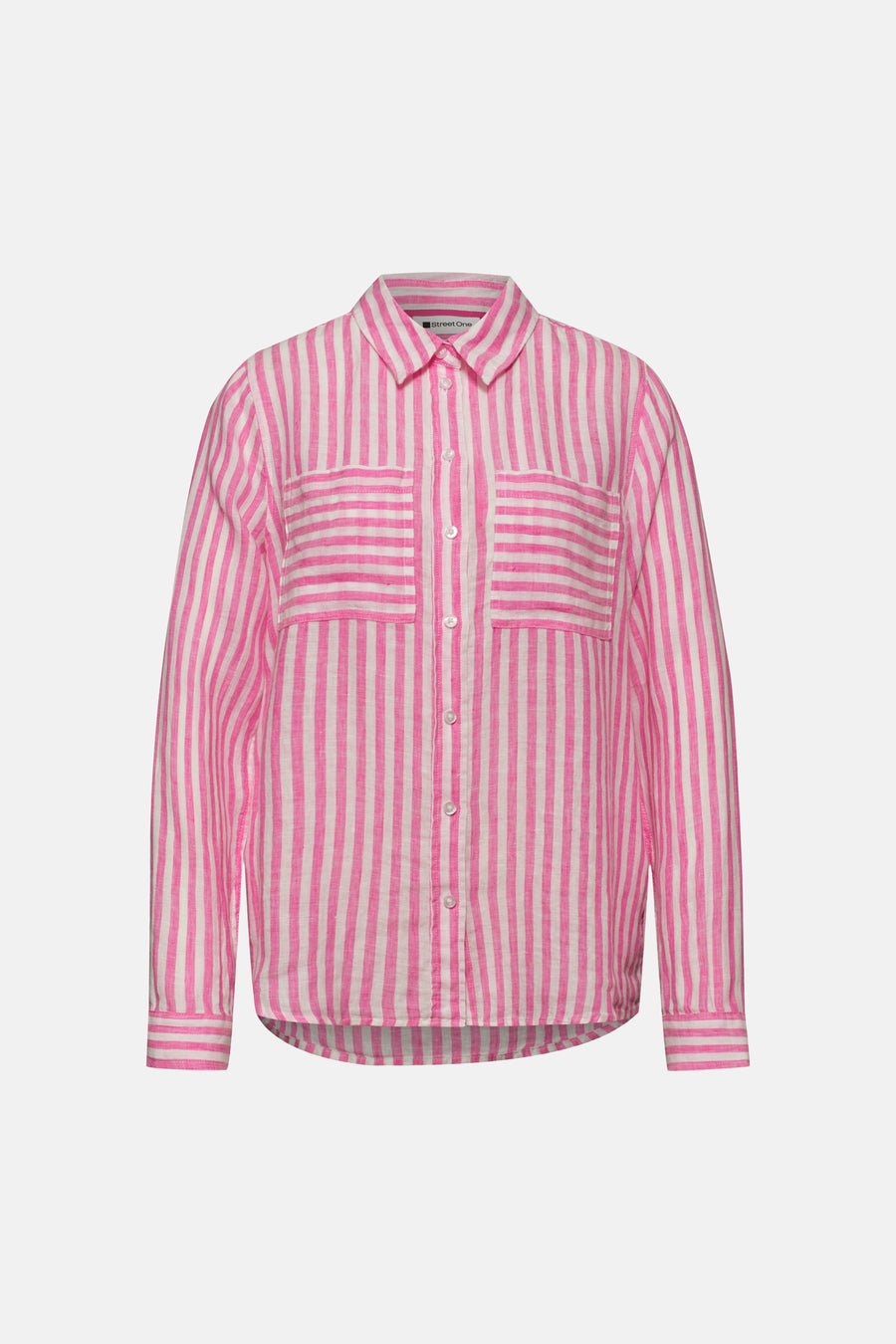 Roze en wit gestreept overhemd van STREET ONE in getextureerd linnen met verticale strepen, met twee borstzakken.