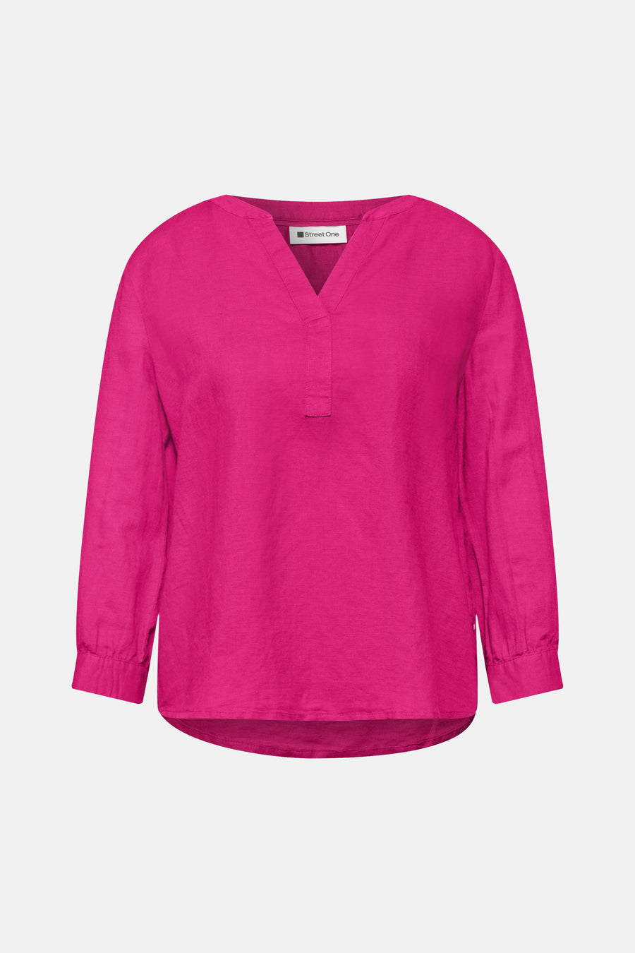 Blouse rose de STREET ONE à col V, manches 3/4 retroussées et ourlet arrondi, en tissu texturé.