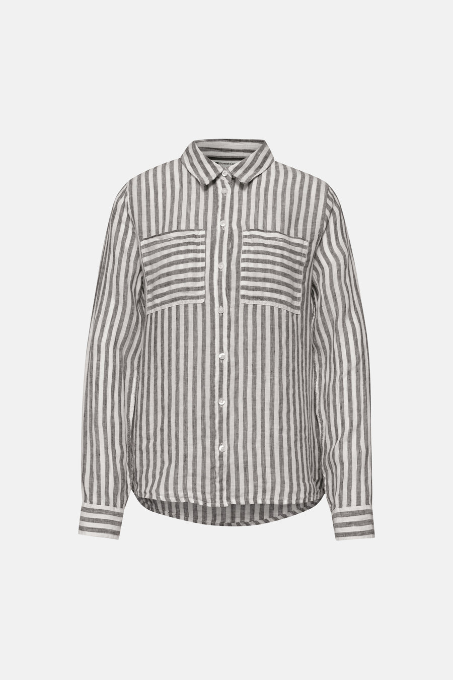 Gestreepte grijs-witte blouse met lange mouwen van STREET ONE, met borstzakken met horizontale strepen.