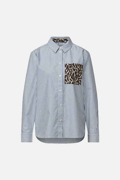 Blauwe gestreepte blouse met lange mouwen van Street One, met luipaardprint zak.