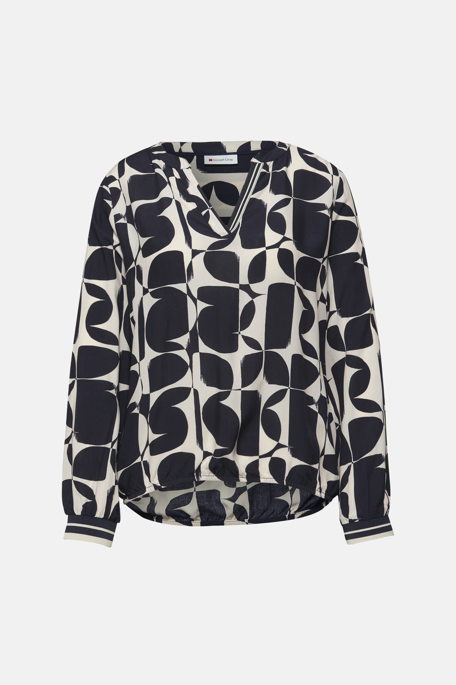 Multikleurige blouse met lange mouwen van Street One, met een zwart-crème geometrisch patroon.