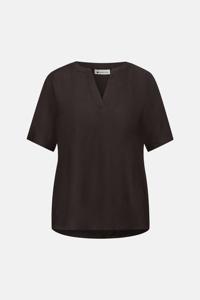 Bruine blouse met korte mouwen van STREET ONE met V-hals en afgeronde zoom.