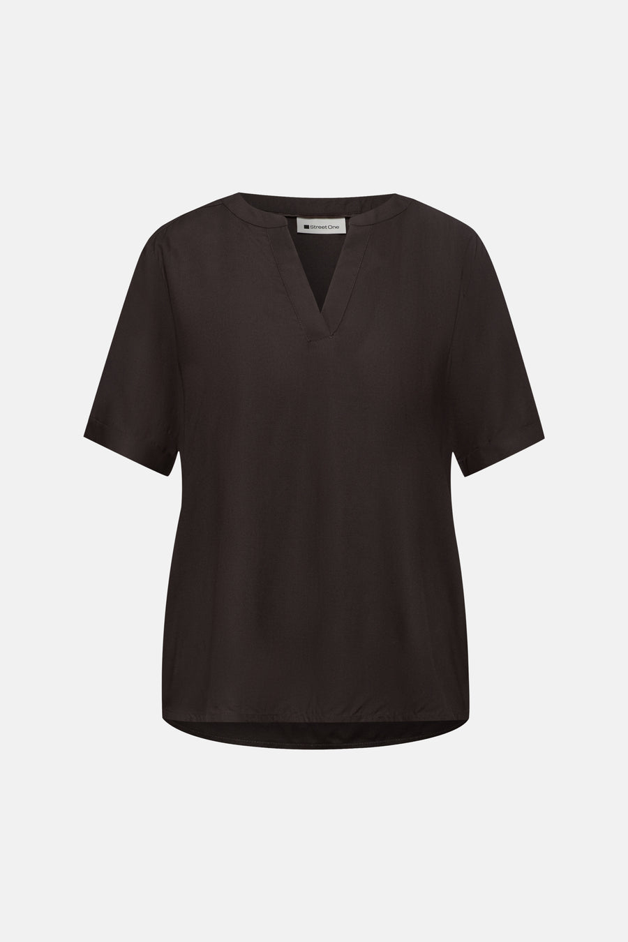 Bruine blouse met korte mouwen van STREET ONE met V-hals en afgeronde zoom.