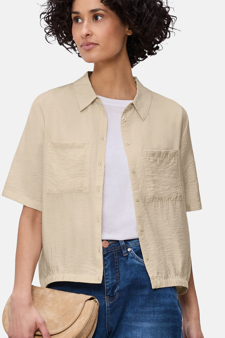Beige T-shirt met korte mouwen van Street One, met opgestikte zakken en elastische zoom.