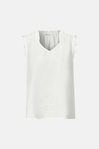 White sleeveless blouse with ruffled cap sleeves and V-neck by Street One, lightweight textured fabric, front view