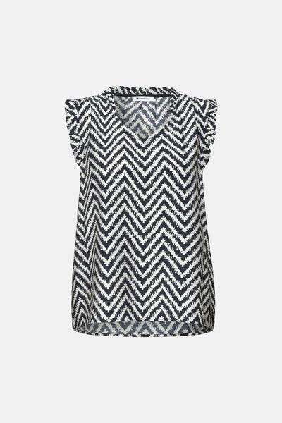 Sleeveless zigzag pattern blouse in navy and white by Street One, featuring ruffled cap sleeves and V-neckline, front view