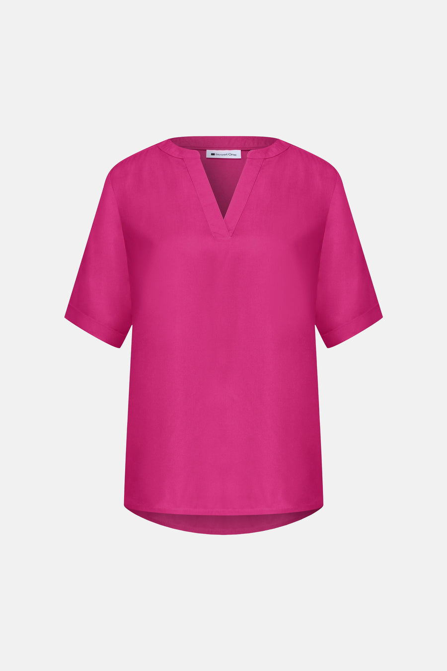 Blouse rose de STREET ONE avec un col en V, des manches courtes et un ourlet incurvé.