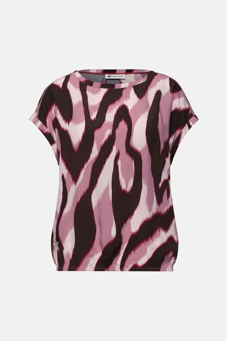 Multikleurige blouse van Street One met roze en bruin abstract patroon, korte opgerolde mouwen en ronde hals.