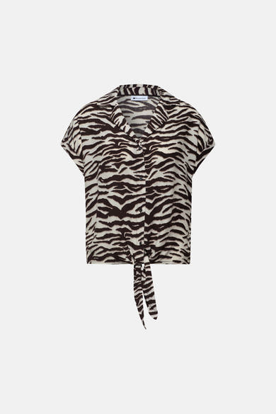 Multikleurig overhemd met korte mouwen van STREET ONE met bruin en gebroken wit zebraprint, aan de voorkant gestrikt, reverskraag.