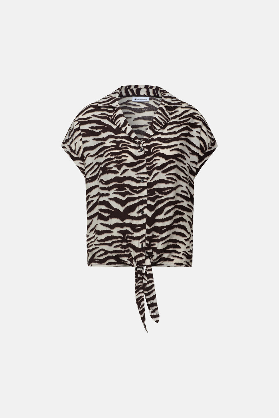 Multikleurig overhemd met korte mouwen van STREET ONE met bruin en gebroken wit zebraprint, aan de voorkant gestrikt, reverskraag.