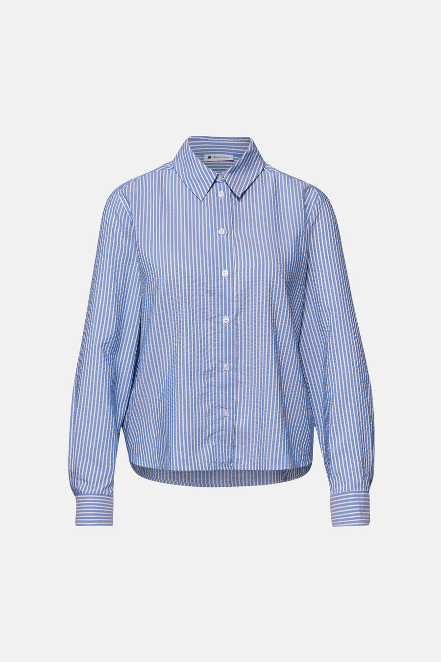 Witgestreepte blauwe blouse van STREET ONE in seersucker, met lange mouwen en klassieke kraag.