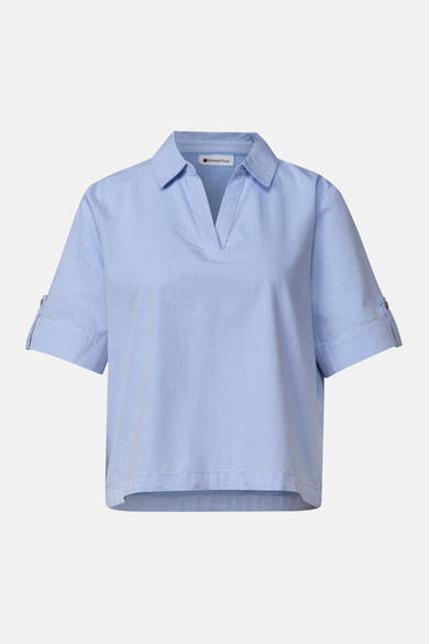 Light blue short-sleeve blouse by Street One with buttoned cuffs and a V-neck collar, front view