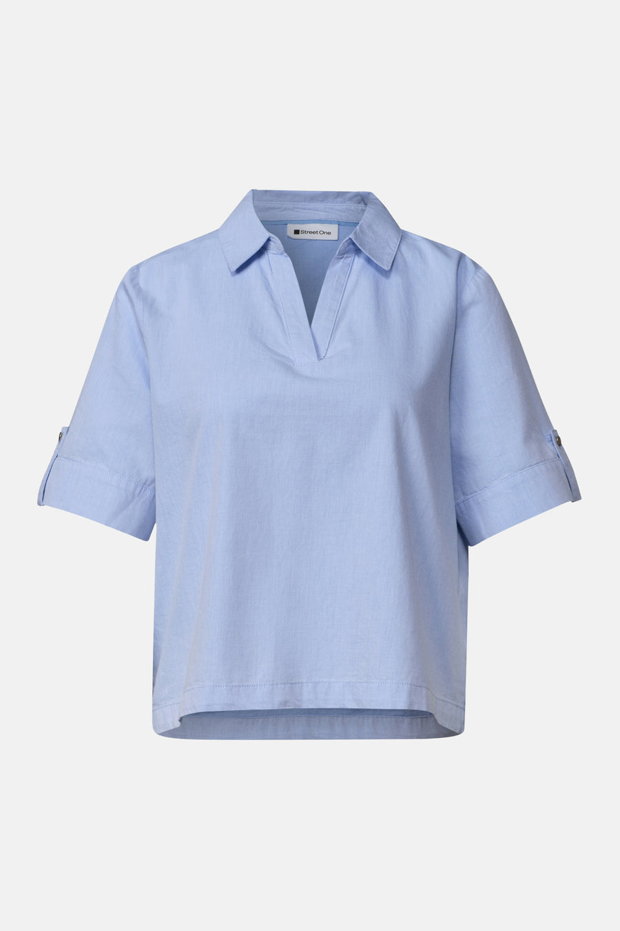 Light blue short-sleeve blouse by Street One with buttoned cuffs and a V-neck collar, front view