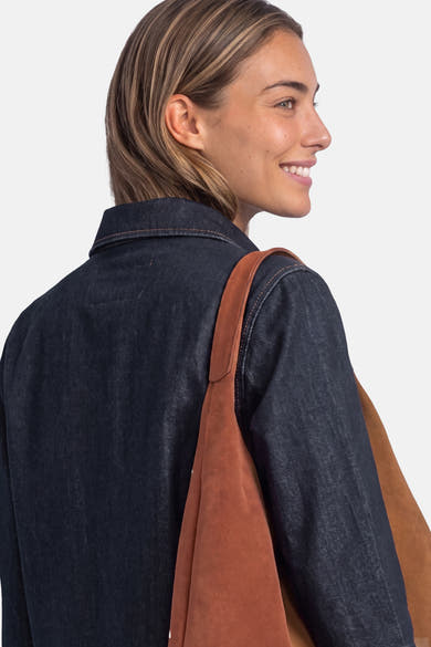 Dark blue denim long-sleeve shirt by STREET ONE, back view with brown suede bag over shoulder
