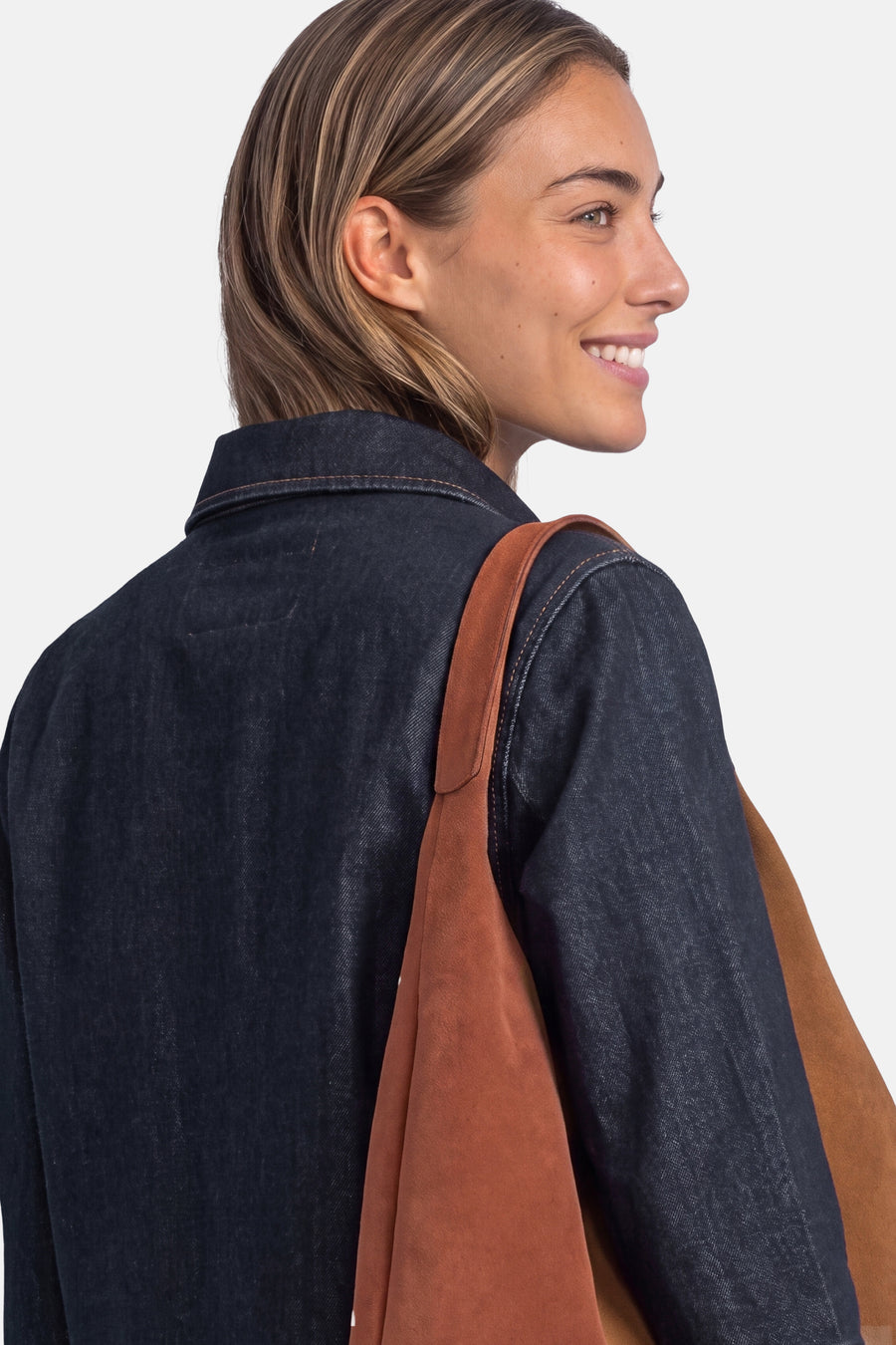 Dark blue denim long-sleeve shirt by STREET ONE, back view with brown suede bag over shoulder