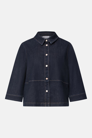 Dark blue denim long-sleeve shirt by STREET ONE, featuring front buttons and contrast stitching, front view