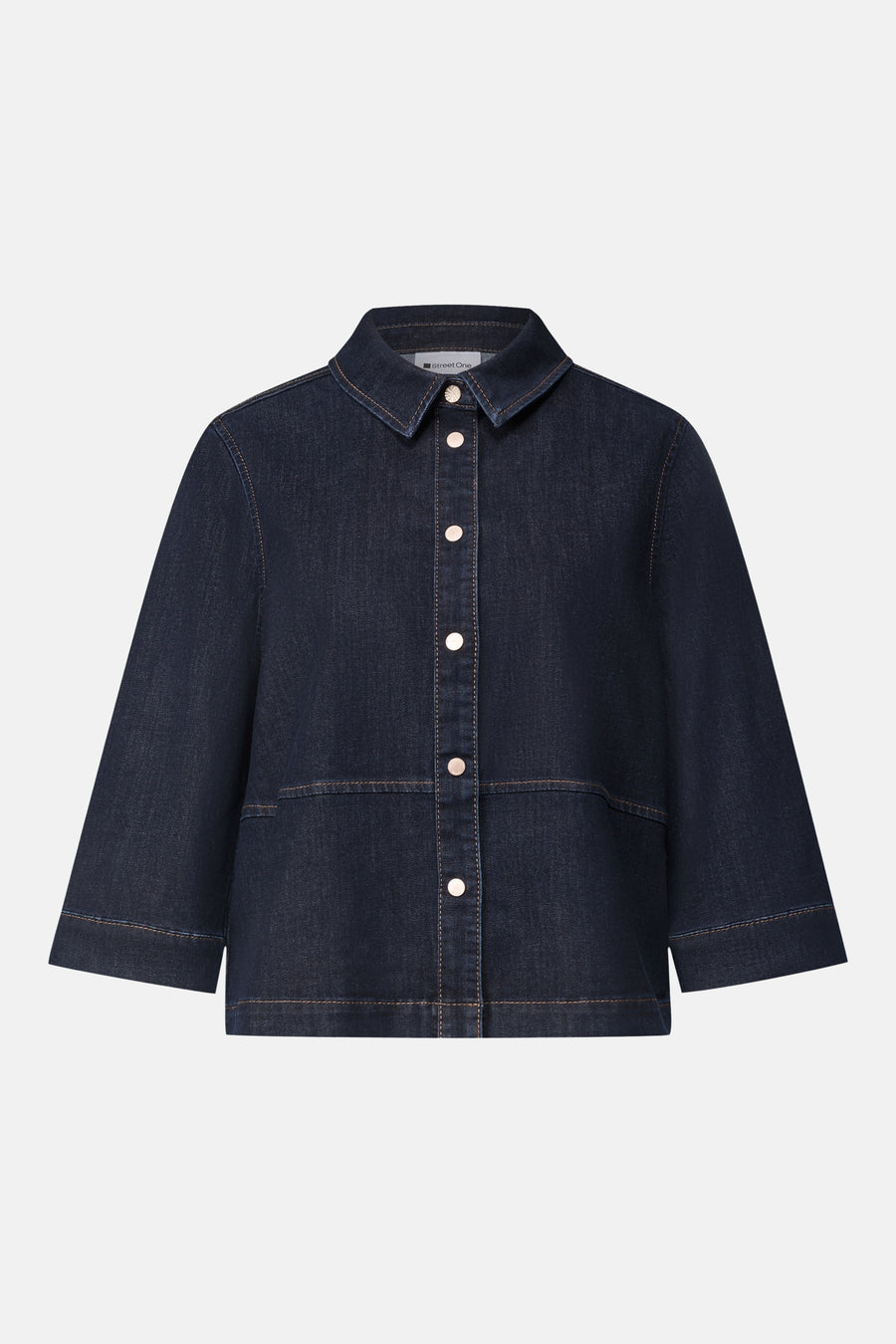 Dark blue denim long-sleeve shirt by STREET ONE, featuring front buttons and contrast stitching, front view