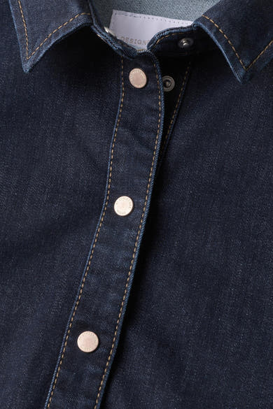 Dark blue denim long-sleeve shirt by STREET ONE, featuring contrast stitching and metallic buttons, close-up front view