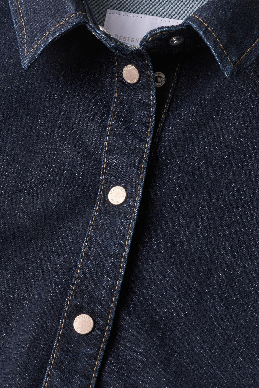Dark blue denim long-sleeve shirt by STREET ONE, featuring contrast stitching and metallic buttons, close-up front view
