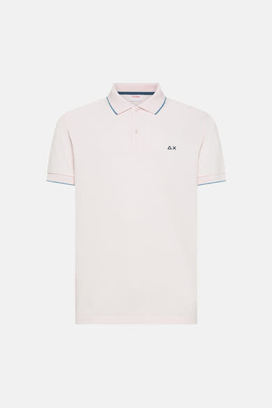 Roze polo van SUN 68 met marineblauwe bies op de kraag en logo op de borst.