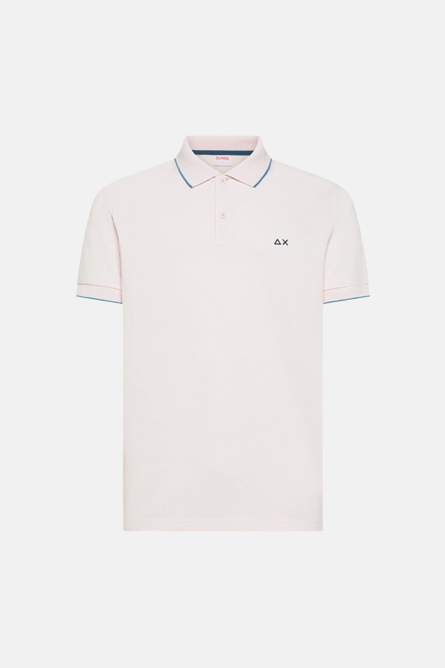 Roze polo van SUN 68 met marineblauwe bies op de kraag en logo op de borst.
