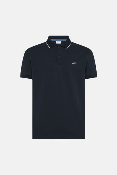 Marineblauwe polo van SUN 68, met contrasterende witte kraag en mouwboorden, en discreet logo.