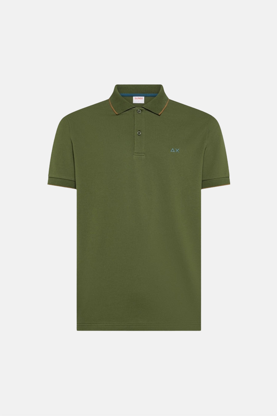 Olijfgroen poloshirt van SUN 68 met contrasterende bies op de kraag en korte mouwen.