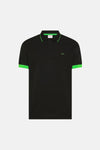 Blauwe polo van SUN 68 met felgroene bies op de kraag en mouwen, geborduurd logo op de borst.