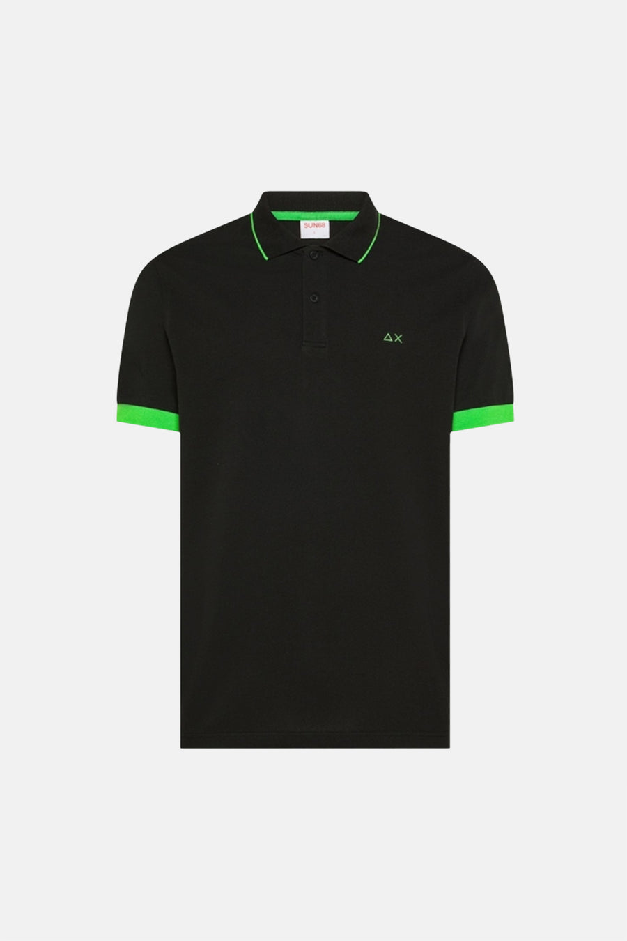 Blauwe polo van SUN 68 met felgroene bies op de kraag en mouwen, geborduurd logo op de borst.