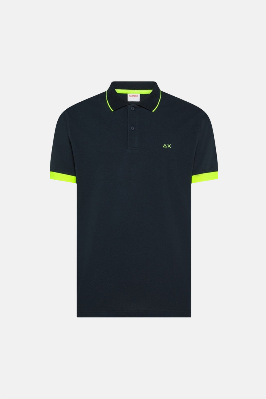Marineblauwe polo van SUN 68 met neon-groene afwerkingen aan de kraag en korte mouwen.