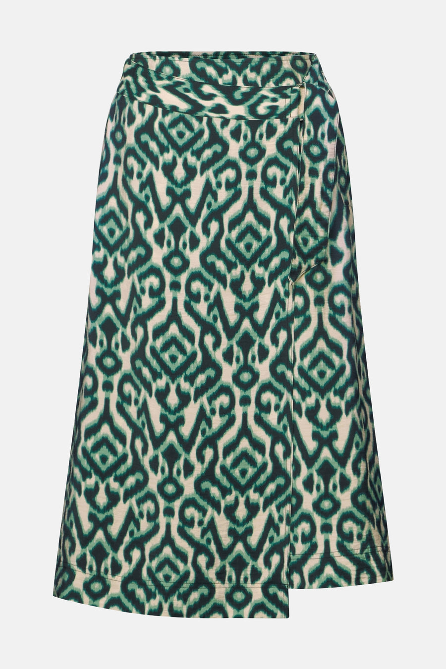 Lange meerkleurige rok van Street One met groen en gebroken wit ikat-patroon.