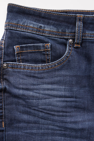 Jean bootcut blauw van STREET ONE met voorzak met inzetstuk en bruine contraststiksels.
