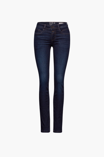 Jean skinny en denim bleu foncé de STREET ONE, coupe ajustée avec détails subtils.