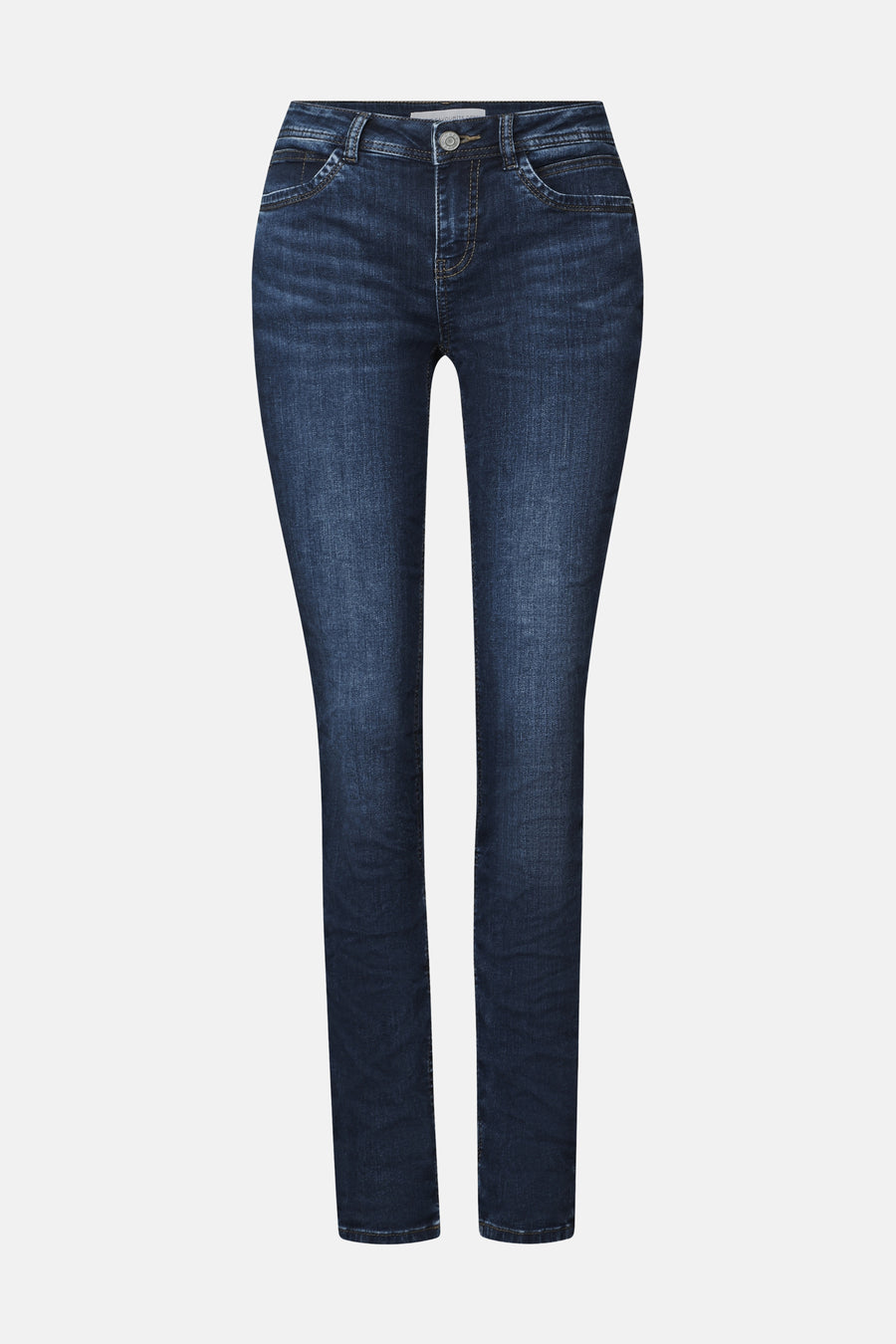 Jean slim en denim bleu foncé de STREET ONE, coupe classique avec poches et coutures apparentes.