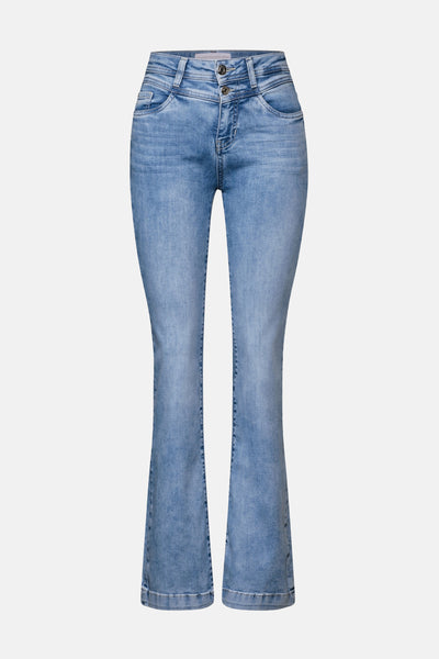 Jean bootcut en denim bleu clair de Street One, avec une coupe flatteuse et délavée.