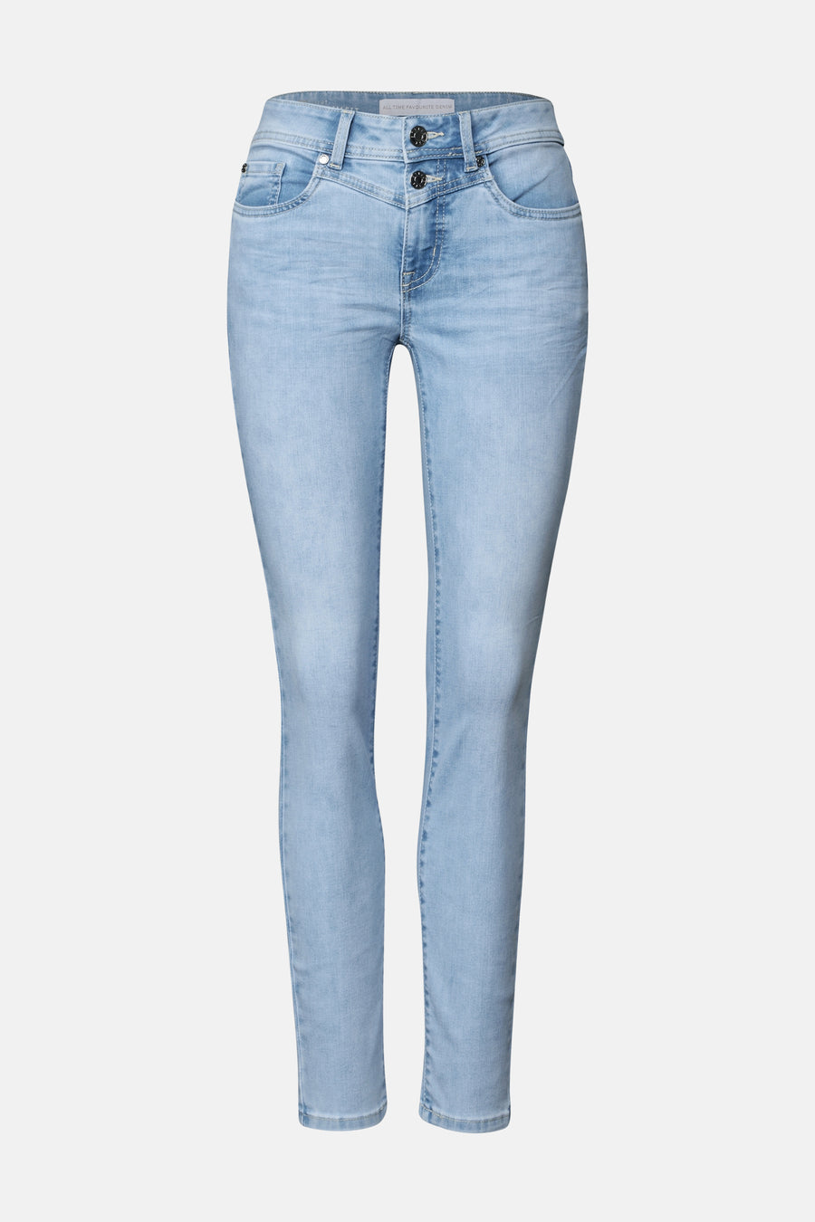 Slim jeans in lichtblauw denim van STREET ONE, skinny fit, met knoopdetails.