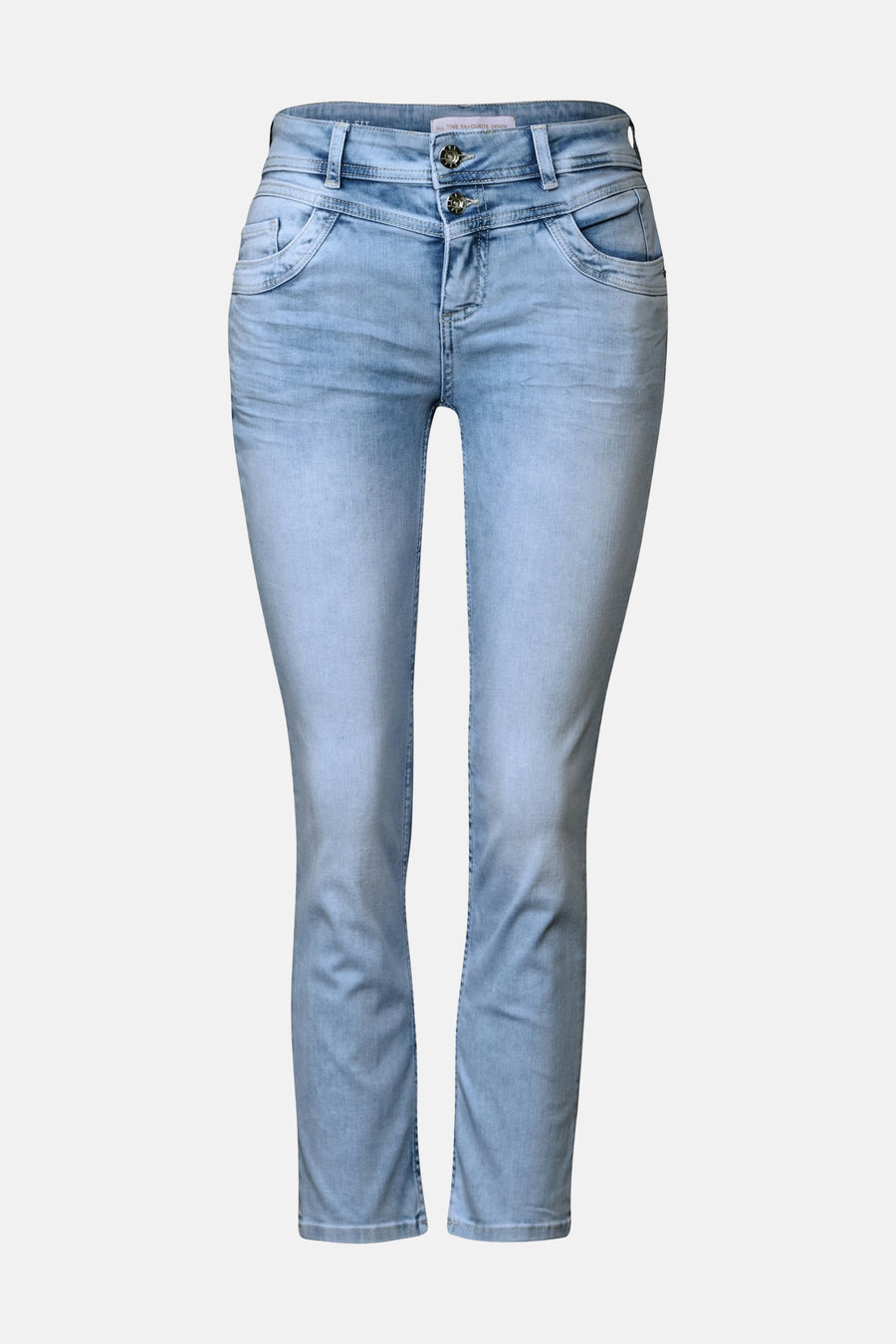 Jean slim en denim bleu clair de Street One, coupe décontractée avec poches et boutons argentés.