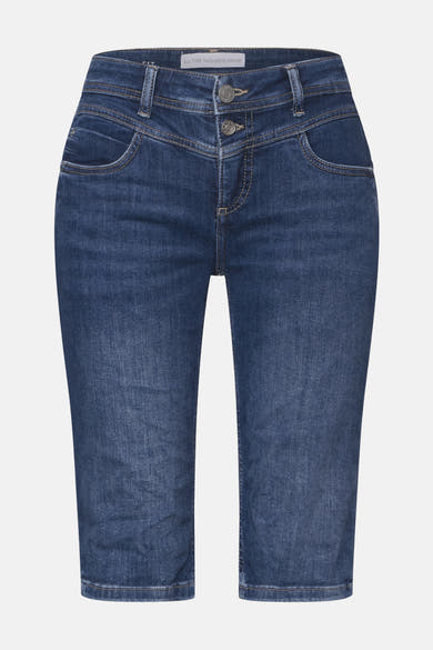 Bermuda en denim bleu moyen de Street One, avec une taille haute à double bouton et des poches avant arrondies.