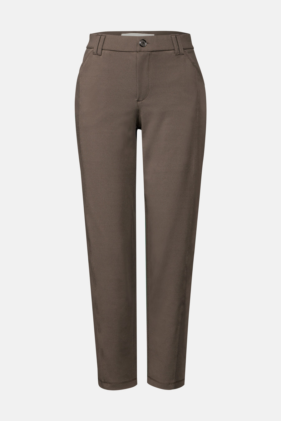 Bruine chino van STREET ONE, rechte broek met riem en knoop.