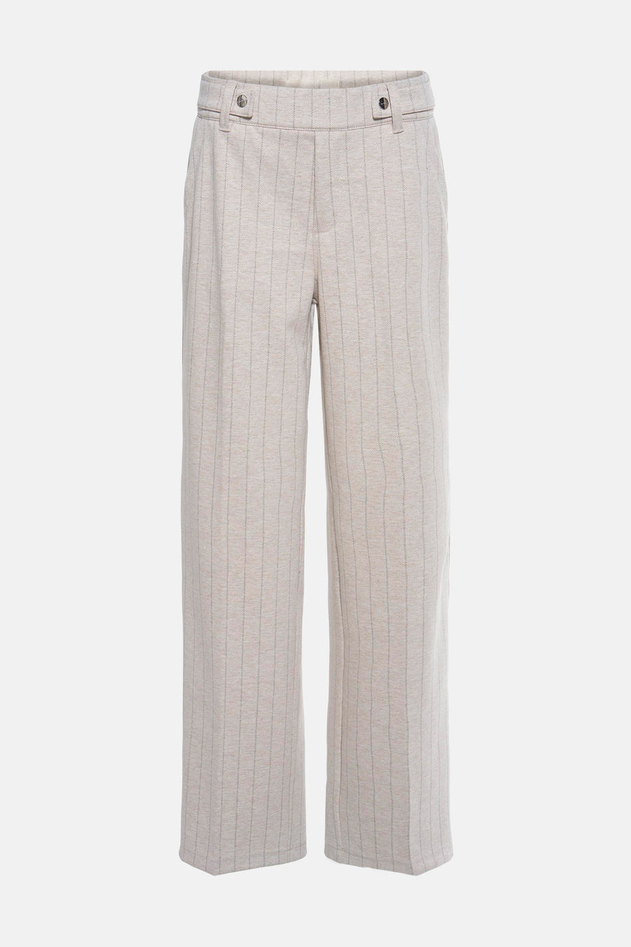 Beige kostuumbroek van STREET ONE, subtiele strepen en Italiaanse zak in close-up.